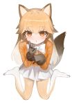  1girl :o animal_ears bangs black_gloves bow brown_eyes brown_hair brown_legwear commentary_request dokomon eyebrows_visible_through_hair ezo_red_fox_(kemono_friends) fox_ears fox_girl fox_tail full_body fur-trimmed_sleeves fur_trim gloves hair_between_eyes hands_up highres jacket kemono_friends korean_commentary long_sleeves looking_at_viewer multicolored_hair no_shoes orange_jacket pantyhose parted_lips pleated_skirt shirt simple_background sitting skirt solo tail two-tone_hair wariza white_background white_bow white_hair white_legwear white_shirt white_skirt 