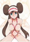  1girl bangs bdsm blue_eyes blush bondage bound breasts bright_pupils brown_hair censored collar collarbone commentary double_bun glint highres light_censor long_hair looking_at_viewer navel pokemon pokemon_(game) pokemon_bw2 rosa_(pokemon) sexynomicon shiny shiny_skin sitting smile solo spread_legs twintails visor_cap white_pupils 