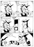  aardwolf anthro black_and_white black_clothing black_shirt black_stripes black_tank_top black_topwear blood bloody_mouth bodily_fluids cigarette cigarette_in_mouth clothing clusterskulls comic comic_page duct_tape duo ear_piercing english_text eye_scar facial_scar hair half-closed_eyes hat head_injury headgear headwear hyaenid lizard long_hair magra_(clusterskulls) male mammal monochrome mullet narrowed_eyes naughty_face nosebleed piercing reptile scalie scar scolding shirt speech_bubble stripes tank_top tape television text topwear unamused 