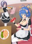  2girls alternate_costume apron bangs bench black_dress black_eyes black_neckwear black_ribbon blue_eyes blue_hair bow breasts chair cleavage collar commentary_request dress drill_locks empty_eyes enmaided flower food frilled_apron frilled_dress frills hair_flower hair_ornament hair_rings hair_stick heart highres jiangshi kaku_seiga kanpa_(campagne_9) ketchup large_breasts maid maid_apron maid_cafe maid_headdress medium_hair miyako_yoshika multiple_girls new_mask_of_hope ofuda omurice outstretched_arms puffy_sleeves purple_hair ribbon sharp_teeth short_hair sitting spill standing table teeth thighhighs touhou tray waist_apron white_bow white_collar white_legwear wrist_cuffs zombie_pose 