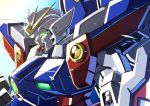  from_side glowing glowing_eyes green_eyes gundam gundam_wing looking_down mecha no_humans science_fiction shiny shouji_nigou solo v-fin wing_gundam 