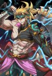  1boy abs absurdres biceps cowboy_shot fate/grand_order fate_(series) fighting_stance headband heian_warrior_attire_(fate/grand_order) highres lightning_bolt looking_at_viewer male_focus muscular muscular_male official_alternate_costume over_shoulder pectorals sakata_kintoki_(fate/grand_order) single_bare_shoulder single_sleeve smile solo tsugu0302 weapon weapon_over_shoulder 