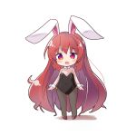  1girl :d animal_ears bangs bare_shoulders black_legwear black_leotard blush_stickers bunny_ears chibi commentary_request covered_navel earrings eyebrows_visible_through_hair full_body hair_between_eyes highres jewelry leotard long_hair open_mouth original pantyhose red_eyes red_footwear red_hair ryogo shadow shoes smile solo standing strapless strapless_leotard usami_tsuitachi very_long_hair white_background wrist_cuffs 