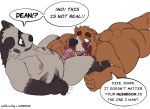  2019 anthro blood bodily_fluids brown_bear brown_body brown_fur butt dave_(password) dean_(password) duo elalvaradog english_text fur genitals hyaenid lying male male/male mammal moobs nipples overweight overweight_male password_(visual_novel) penis simple_background striped_hyena text ursid ursine video_games visual_novel white_background 