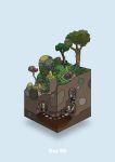  afterimage blue_background commentary_request diorama gozz highres isometric moss olmec_head original overgrown stairs stepping_stones tree underground 