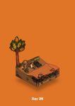  beach campfire commentary_request coral diorama gozz highres isometric leaf orange_background orange_theme original paddle palm_leaf raft standing tree 