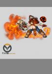  1girl alternate_costume bent_over blonde_hair breasts brown_gloves brown_hair chinese_clothes clenched_teeth fire flame floating_hair fur_trim gloves goggles hair_ornament hairpin highres holding holding_weapon large_breasts mei_(overwatch) multicolored multicolored_hair overwatch patterned patterned_background red_eyes robot snowball_(overwatch) streaked_hair teeth torn torn_clothes weapon zm 