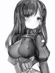  1girl blush bodysuit copyright_request covered_nipples eyebrows_visible_through_hair greyscale highres juliet_sleeves long_hair long_sleeves looking_at_viewer mole mole_under_eye monochrome nanashi_(nlo) parted_lips puffy_sleeves shrug_(clothing) simple_background solo upper_body white_background 