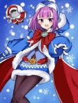  1girl ankh badge bangs beanie blue_coat blue_dress blue_gloves blue_headwear blush bow breasts coat colonel_olcott_(fate/grand_order) dress fate/grand_order fate/grand_order_arcade fate_(series) fur-trimmed_coat fur-trimmed_dress fur_trim gloves hat helena_blavatsky_(christmas)_(fate) helena_blavatsky_(fate/grand_order) large_bow long_sleeves looking_at_viewer open_mouth outstretched_arm pantyhose purple_eyes purple_hair rabiiandrain red_bow sack short_hair small_breasts smile snowflakes thighs 