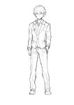  1boy closed_mouth greyscale hair_between_eyes hand_in_pocket highres male_focus monochrome necktie original qiongsheng simple_background sketch solo standing uniform white_background 