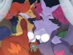  2020 anthro big_breasts breasts curtains delphox detailed_background duo female fur gold_(metal) gold_jewelry hand_holding hi_res jewelry kame_3 looking_at_viewer nintendo nipples open_mouth open_smile pillow pink_eyes pok&eacute;mon pok&eacute;mon_(species) purple_body purple_fur red_body red_eyes red_fur ring_(jewelry) shiny_pok&eacute;mon smile video_games white_body white_fur 