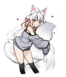  1girl :3 animal_ear_fluff animal_ears artist_name bell bell_choker choker commentary english_commentary fox_ears fox_girl fox_tail hair_bell hair_ornament heart hemmmlock kamiko_kana leaning_forward long_hair off_shoulder sleeves_past_fingers sleeves_past_wrists smile solo striped striped_sweater sweater tail tail_hug thighhighs tsunderia virtual_youtuber white_background white_hair yellow_eyes 