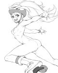  1girl ass breasts cleanerjay fingernails greyscale hair_between_eyes hair_through_headwear helmet highres korrina_(pokemon) long_hair monochrome navel nude open_mouth pokemon roller_skates simple_background skates sketch smile solo tongue upper_teeth wristband 