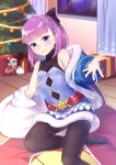  1girl absurdres bangs bare_shoulders black_legwear blue_coat blue_dress blush bow breasts christmas christmas_tree closed_mouth coat colonel_olcott_(fate/grand_order) dress fate/grand_order fate/grand_order_arcade fate_(series) fur-trimmed_coat fur-trimmed_dress fur_trim hair_bow helena_blavatsky_(christmas)_(fate) helena_blavatsky_(fate/grand_order) highres kano_(kotailo) kneeling long_sleeves looking_at_viewer open_clothes open_coat pantyhose purple_eyes purple_hair short_hair small_breasts smile 