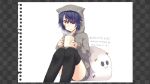  1girl black_legwear blush brown_eyes cup eyebrows_visible_through_hair grey_hoodie hair_over_one_eye holding holding_cup hood hoodie kantai_collection kotobuki_(momoko_factory) looking_at_viewer messy_hair miss_cloud parted_lips purple_hair short_hair sitting solo tenryuu_(kantai_collection) thighhighs translation_request 