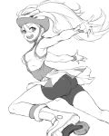  1girl ass cleanerjay fingernails greyscale hair_between_eyes hair_through_headwear helmet highres korrina_(pokemon) long_hair monochrome open_mouth pokemon roller_skates simple_background skates sketch skirt smile solo tongue upper_teeth wristband 