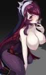  1girl :p bare_arms bare_shoulders breasts breasts_outside dress fang fishnet_legwear fishnets full_body genshin_impact hair_over_one_eye highres hioyami kneeling large_breasts multicolored_hair nipples pale_skin pantyhose purple_eyes purple_hair purple_legwear red_hair rosaria_(genshin_impact) saliva solo streaked_hair sweat tongue tongue_out twitter_username veil 