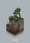  absurdres boned_meat campfire commentary_request diorama food gozz grey_background highres isometric meat oil olmec_head original rope running stairs stepping_stones torch tree 