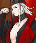  1boy ashiya_douman_(fate) asymmetrical_hair bare_pecs black_eyes black_hair black_headwear collar collarbone earrings expressionless fate/grand_order fate_(series) fingernails hair_between_eyes hair_intakes hat heian jewelry long_hair magatama magatama_earrings male_focus mizuwari_(pixiv2856833) multicolored_hair official_alternate_costume pectorals sharp_fingernails solo tate_eboshi toned toned_male traditional_clothes two-tone_hair upper_body very_long_fingernails very_long_hair white_hair 