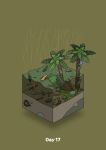  beach climbing commentary_request diorama flood gozz green_background highres isometric original palm_leaf palm_tree plank rain sand shipwreck skull treasure_chest tree 