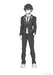  1boy bags_under_eyes closed_mouth greyscale hair_between_eyes hand_in_pocket hatching_(texture) highres male_focus monochrome necktie original qiongsheng simple_background sketch solo standing uniform white_background 