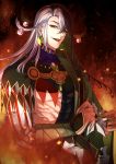  1boy ashiya_douman_(fate) asymmetrical_clothes asymmetrical_hair bell black_eyes black_hair covered_abs curly_hair earrings embers fate/grand_order fate_(series) fingernails fire green_eyeshadow green_kimono green_lipstick green_nails hair_bell hair_between_eyes hair_intakes hair_ornament highres japanese_clothes jewelry kimono lipstick long_hair magatama magatama_earrings makeup male_focus malfoy_(maruitinpoko) multicolored_hair open_clothes open_kimono pectorals ribbed_sleeves sharp_fingernails shikigami smile solo toned toned_male two-tone_hair upper_body very_long_fingernails very_long_hair white_hair 