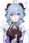  :o ahoge bare_shoulders bell blue_hair breasts cowbell cup detached_sleeves drinking_glass ganyu_(genshin_impact) genshin_impact glass gloves goat_horns highres horns long_sleeves looking_at_viewer milk open_clothes purple_eyes ryein upper_body 