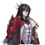  1boy abs armor black_hair cleavage_cutout closed_mouth clothing_cutout coat coat_on_shoulders covered_abs hair_between_eyes long_hair open_clothes open_coat original pauldrons qiongsheng scratches shoulder_armor simple_background single_pauldron solo 
