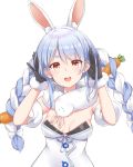  1girl :d animal_ear_fluff animal_ears bangs black_gloves blue_hair bow bra braid breasts bunny-shaped_pupils bunny_ears bunny_pose carrot_hair_ornament cleavage detached_sleeves don-chan_(usada_pekora) dress eyebrows_visible_through_hair food_themed_hair_ornament fur_trim gloves hair_between_eyes hair_bow hair_ornament hand_in_hair highres hololive long_hair looking_at_viewer multicolored_hair open_mouth orange_eyes puffy_short_sleeves puffy_sleeves shiunnkaku short_sleeves sidelocks silver_hair simple_background small_breasts smile solo thick_eyebrows twin_braids twintails two-tone_hair underwear upper_body upper_teeth usada_pekora virtual_youtuber white_background white_bow white_dress 