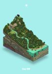  absurdres aqua_background beach cave commentary_request creature day diorama forest gozz highres hill isometric nature original river shore sun tree 