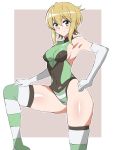  1girl akatsuki_kirika blonde_hair blush breasts covered_navel covered_nipples elbow_gloves gloves green_eyes green_leotard highres kagemusha leotard looking_at_viewer medium_breasts senki_zesshou_symphogear shiny shiny_hair shiny_skin short_hair skindentation smile solo standing striped striped_legwear thighs white_gloves 