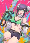  1girl absurdres bangs bare_shoulders bikini black_hair black_shorts blush breasts bun_cover chainsaw chainsaw_of_the_dead cleavage double_bun fate/grand_order fate_(series) green_bikini green_eyes green_ribbon highres holding_chainsaw jacket large_breasts long_sleeves looking_at_viewer navel nazono77 off_shoulder open_mouth qin_liangyu_(fate) ribbon short_shorts shorts sidelocks swimsuit thighs white_jacket 