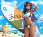  1girl absurdres aqua_eyes aqua_hair armlet armpits artist_name ass_visible_through_thighs beach beach_umbrella belly_chain bikini blue_hair blue_sky breasts cloud commentary corsola covered_nipples dark_skin day earrings english_commentary gen_1_pokemon gen_2_pokemon gen_3_pokemon gen_8_pokemon gym_leader hair_bun highres hoop_earrings jewelry lifebuoy lifeguard_tower long_hair looking_ahead makeup mudkip multi-strapped_bikini multicolored_hair navel necklace nessa nessa_(pokemon) ocean outdoors palm_tree pendant pokemon pokemon_(creature) pokemon_(game) pokemon_swsh sand signature sky snorlax sobble stairs standing surfboard swimsuit tankini tree two-tone_hair umbrella washout008 water 
