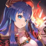  1girl alternate_costume bare_shoulders black_background blue_eyes blue_hair blush bracelet cape commentary_request dress elbow_gloves embers eyebrows_visible_through_hair fire fire_emblem fire_emblem:_the_binding_blade fire_emblem_heroes fireball gloves hair_between_eyes hat highres jewelry lilina_(fire_emblem) long_hair looking_at_viewer magic nakabayashi_zun official_alternate_costume open_mouth red_cape red_headwear shiny shiny_hair sleeveless sleeveless_dress solo white_dress white_gloves 