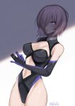  1girl \||/ asymmetrical_bangs bangs bare_shoulders black_gloves blush breasts cameltoe cleavage cleavage_cutout clothing_cutout commentary dutch_angle elbow_gloves fate/grand_order fate_(series) fingers_together gloves glowing glowing_eyes hair_over_one_eye hands_together hands_up highleg highleg_leotard highres large_breasts leotard light_purple_eyes looking_at_viewer mash_kyrielight parted_lips pink_hair purple_eyes shadow short_hair sidelocks signature solo stomach stomach_cutout thighs twitter_username you06 