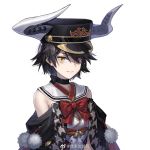  1girl bare_shoulders black_choker black_headwear bow breasts choker cleavage closed_mouth eyebrows_visible_through_hair hat horns original qiongsheng red_neckwear short_hair simple_background solo upper_body white_background yellow_eyes 