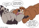  2019 anthro brown_bear brown_body brown_fur butt dave_(password) dean_(password) duo elalvaradog english_text fur genitals hi_res hyaenid lying male male/male mammal moobs nipples overweight overweight_male password_(visual_novel) penis simple_background striped_hyena text ursid ursine video_games visual_novel white_background 
