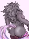  anthro back_muscles bathym biceps big_butt butt canid canine canis clothed clothing demon fur godagodadp07 grin hi_res horn looking_at_viewer looking_back male mammal muscular muscular_anthro muscular_male pants_down partially_clothed purple_body purple_fur smile solo tokyo_afterschool_summoners video_games wolf 