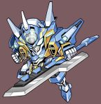  chibi clenched_hand glowing glowing_eyes gn_drive gundam gundam_00 holding holding_sword holding_weapon looking_at_viewer mecha nao_yuki no_humans original science_fiction solo standing sword weapon white_eyes 