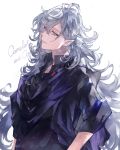  1boy black_shirt camelot_&amp;_co earrings fate/grand_order fate_(series) from_side glint grey_eyes grey_hair jewelry long_hair long_sleeves looking_at_viewer looking_to_the_side male_focus merlin_(fate) parted_lips pointy_ears purple_robe shirt smile solo very_long_hair waltz_(tram) 