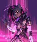  2017 anthro black_body black_fur black_hair blizzard_entertainment clothed clothing dry_land ear_piercing equid equine fan_character female fur grin hair hasbro hi_res horn jedayskayvoker mammal multicolored_hair my_little_pony overwatch piercing pink_hair ponification smile solo sombra_(overwatch) unicorn video_games 
