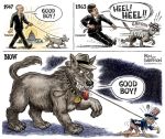  ben_garrison brown_body brown_fur canid canine canis cia clothing collar comic crawling domestic_dog domination duo english_text feral feral_domination fur genitals good_boy growth harry_s._truman hat headgear headwear holding_leash holding_object human john_f._kennedy leash leash_and_collar male mammal meme political_cartoon politics role_reversal size_difference spiked_collar spikes suit teeth text top_hat uncle_sam united_states_of_america 