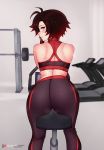  1girl ass back bare_shoulders black_hair bluefield blush exercise exercise_bike from_behind gradient_hair gym highres leggings lips looking_at_viewer looking_back multicolored_hair red_hair ruby_rose rwby shiny shiny_hair short_hair sitting smile solo sports_bra sweat thighs two-tone_hair 