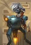  2018 ambiguous_gender artemis_(oc) bethesda_softworks black_body black_fur blue_eyes clothing duo english_text equid equine fallout fan_character feral fur hasbro hi_res horse jedayskayvoker jumpsuit looking_down machine male mammal mane mr._handy my_little_pony nuka-cola paws pony repair robot signature tail_tuft text tools tuft video_games white_mane white_tail wrench 