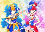  2girls amanogawa_kirara commentary crossover cure_flora cure_twinkle fusion go!_princess_precure haruno_haruka heterochromia kamen_rider kamen_rider_build kamen_rider_build_(series) kamen_rider_cross-z long_hair looking_at_viewer multiple_girls open_mouth precure smile ueyama_michirou 