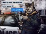  2020 anthro beverage bottomwear car cellphone clothing coffee english_text hat headgear headwear hi_res hyaenid male mammal noatek nyzcait pants password_(visual_novel) phone police police_car police_hat smartphone snow snowing solo spotted_hyena sweater text topwear vehicle video_games visual_novel 