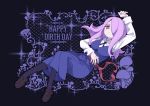  1girl abstract_background birthday black_legwear blue_dress brown_footwear chihiri collar commentary dark_background dated dress eyeshadow full_body hair_over_one_eye happy_birthday little_witch_academia long_hair long_sleeves looking_at_viewer luna_nova_school_uniform lying makeup mushroom on_back purple_hair red_eyes school_uniform shirt solo sparkle sucy_manbavaran twitter_username typo white_shirt 