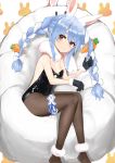  1girl absurdres animal_ear_fluff animal_ears bangs bare_shoulders black_gloves black_legwear black_leotard blue_hair blue_ribbon blush bow braid breasts bunny_background bunny_ears carrot_hair_ornament cleavage closed_mouth don-chan_(usada_pekora) extra_ears eyebrows_visible_through_hair feet_out_of_frame food_themed_hair_ornament fur_trim gloves hair_between_eyes hair_bow hair_ornament hand_up highres hololive legband leotard long_hair looking_at_viewer multicolored_hair nanaushi orange_eyes pantyhose pom_pom_(clothes) ribbon sidelocks silver_hair simple_background sitting small_breasts smile solo twin_braids twintails two-tone_hair usada_pekora virtual_youtuber white_background white_bow 