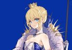  1girl ahoge artoria_pendragon_(all) bangs blonde_hair blue_background blue_eyes braid breasts choker cleavage crown crown_braid eyebrows_visible_through_hair fate/stay_night fate_(series) gloves holding jazztaki light_smile robe saber short_hair sidelocks small_breasts solo white_gloves 