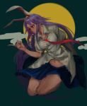  1girl animal_ears blue_skirt bunny_ears closed_mouth full_body hand_up inishie_kumo long_hair miniskirt navel necktie pleated_skirt puffy_short_sleeves puffy_sleeves purple_hair red_eyes red_neckwear reisen_udongein_inaba shirt short_sleeves skirt smile solo touhou very_long_hair white_shirt 